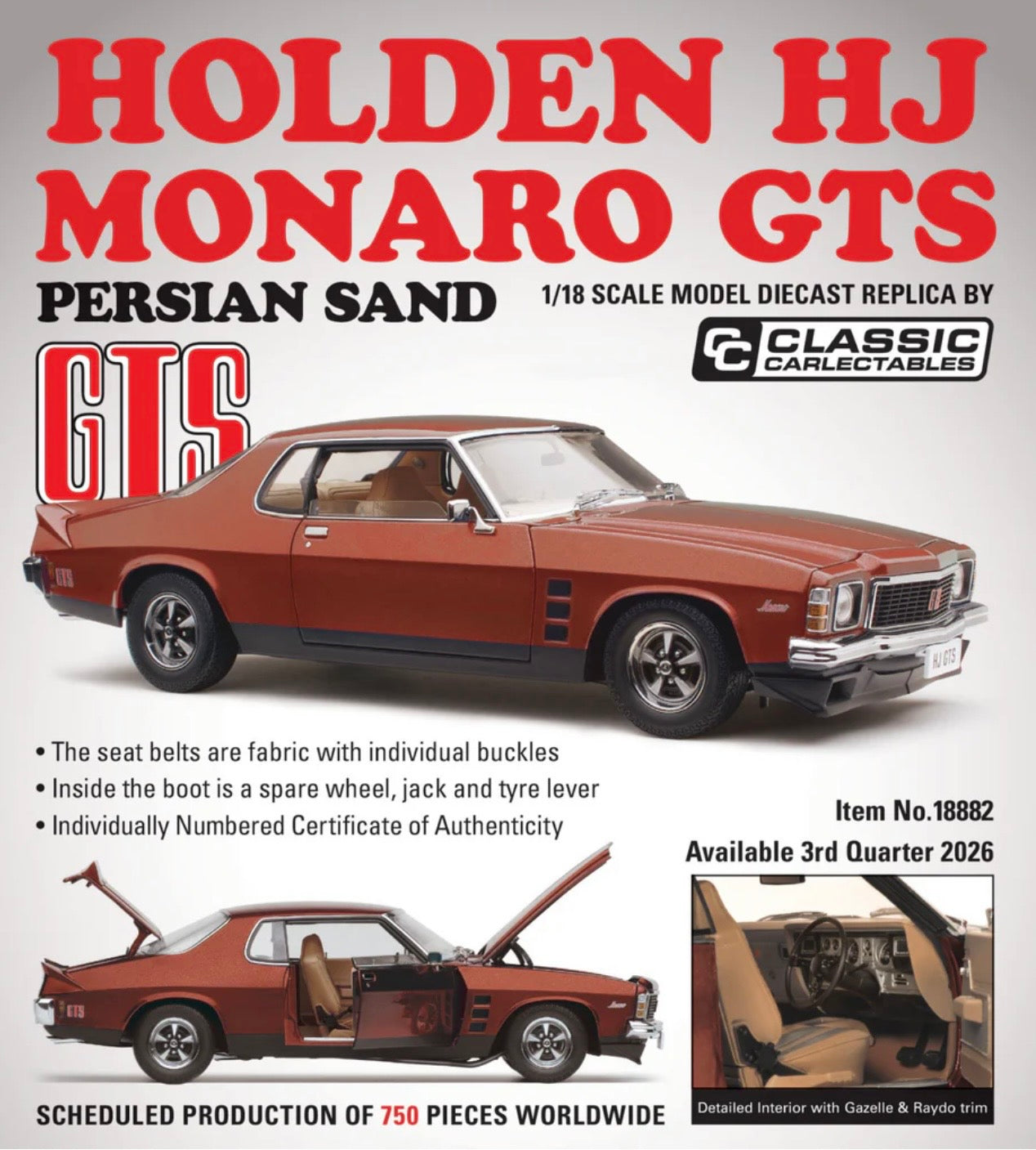 1:18 Holden HJ Monaro GTS Persian Sand Classic Carlectables Pre-Order