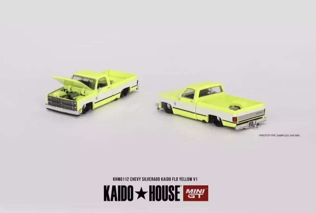 1:64 Chevrolet Silverado Kaido Flo Yellow V1 #112 Kaido House