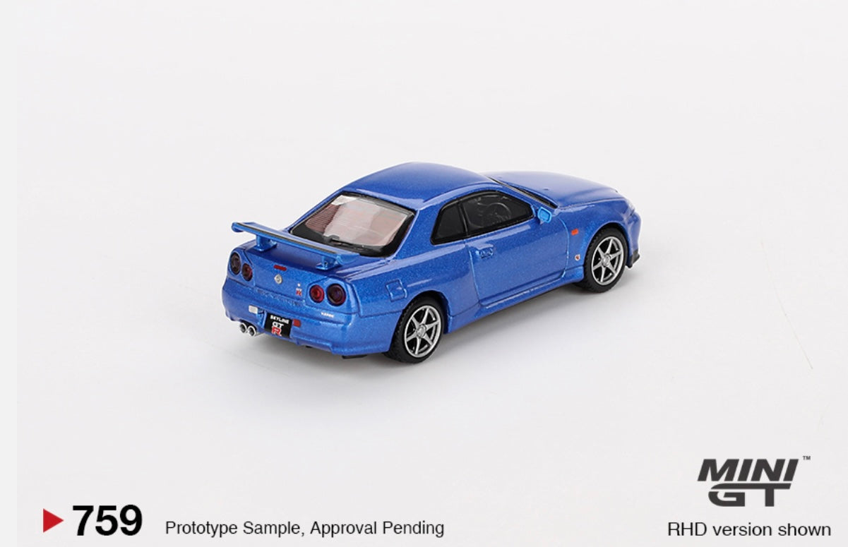 1:64 Nissan Skyline GT-R (R34) V-Spec Bayside Blue Mini GT 759