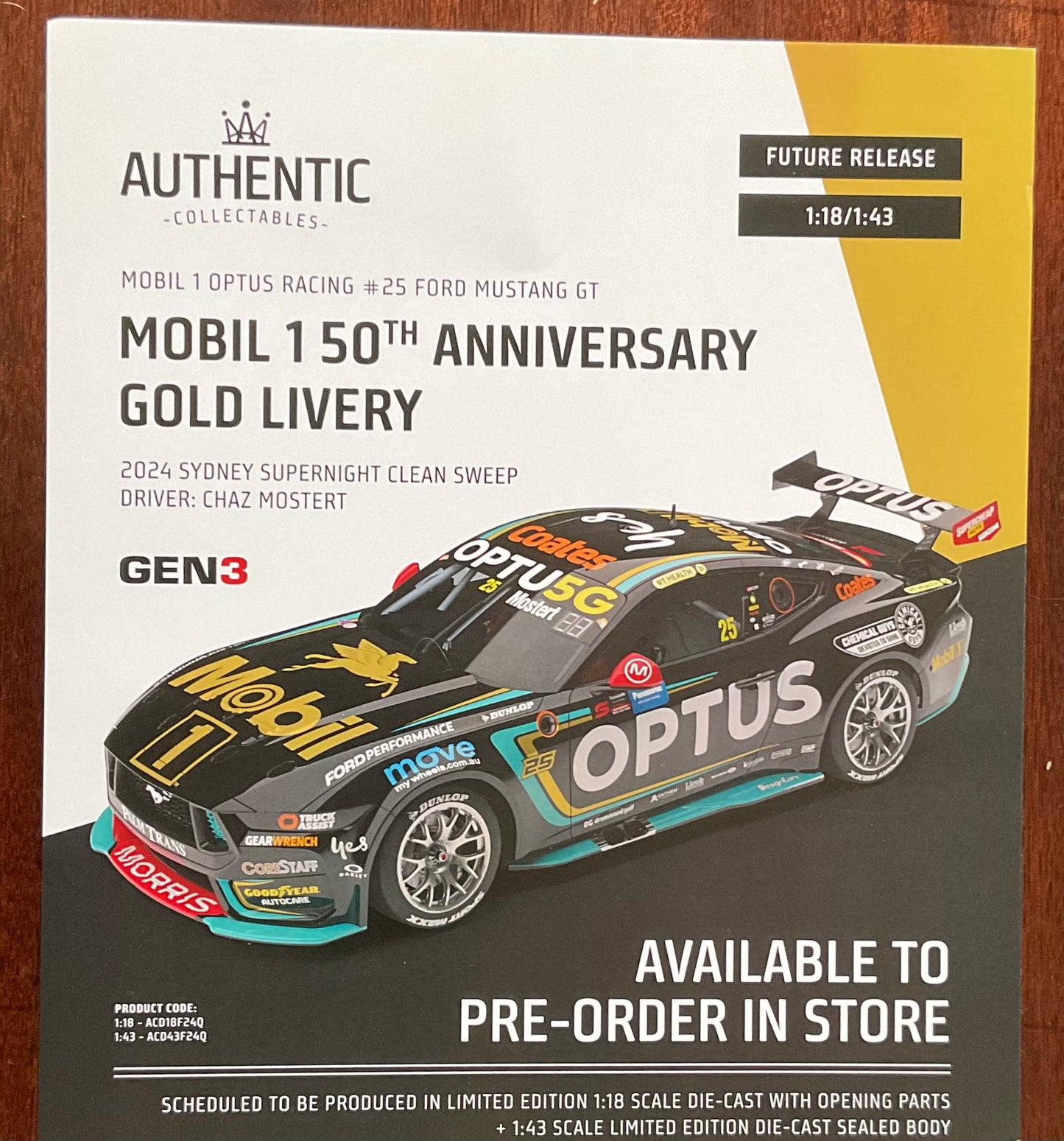 1:43 Chaz Mostert #25 2024 Sydney Supernight Clean Sweep Mobil 1 50th Anniversary Authentic Collectables Pre-Order