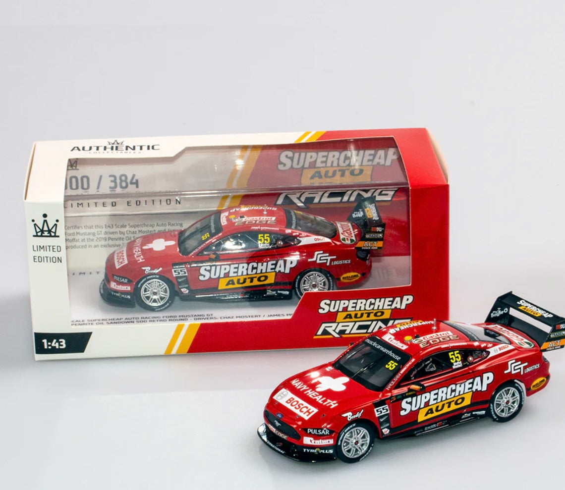 1:43 Chaz Mostert/James Moffat #55 2019 Sandown Retro Round Supercheap Auto Racing Ford Mustang Authentic Collectables
