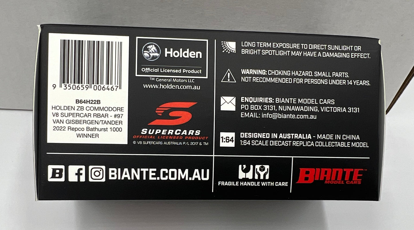 1:64 2022 Bathurst Winner Shane Van Gisbergen Garth Tander #97 Red Bull Ampol Racing Holden ZB Biante
