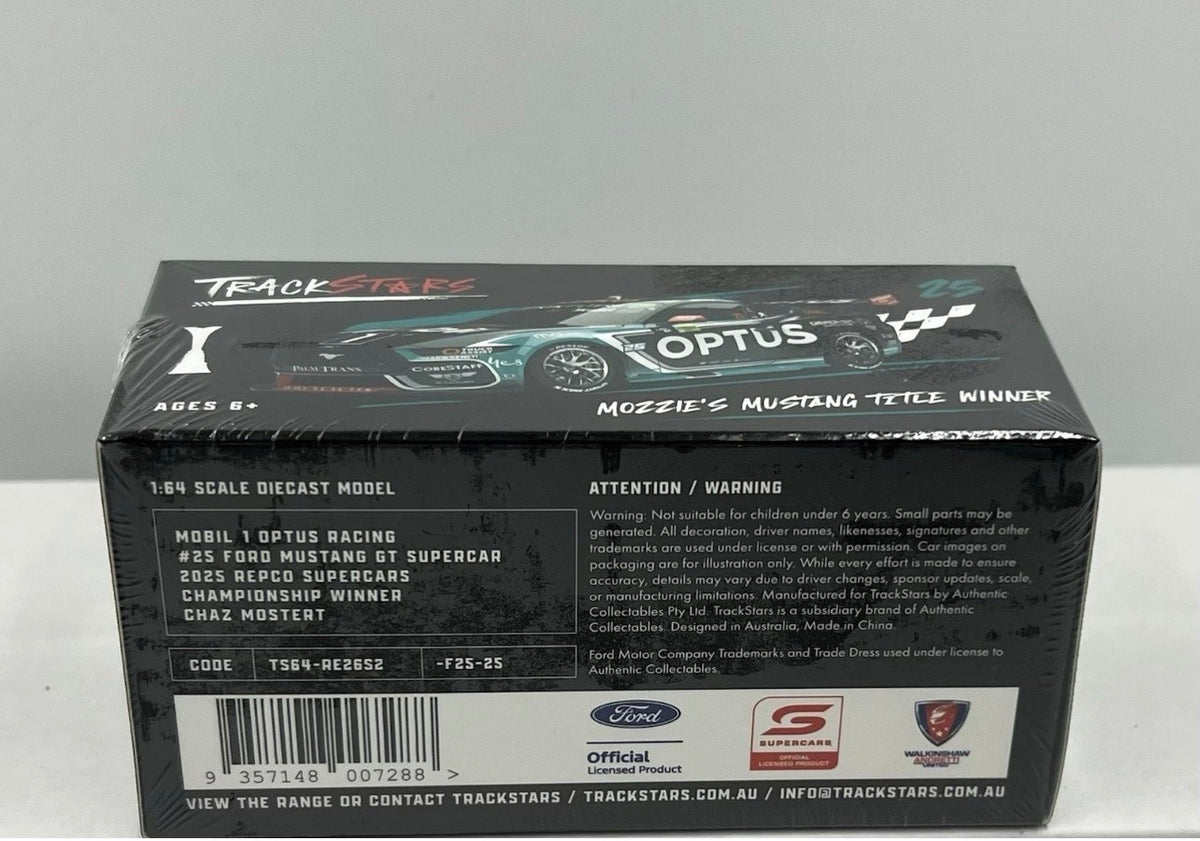 1:64 Chaz Mostert #25 2025 Repco Supercars Championship Winner Mobil 1 Optus Racing Ford Mustang Trackstars
