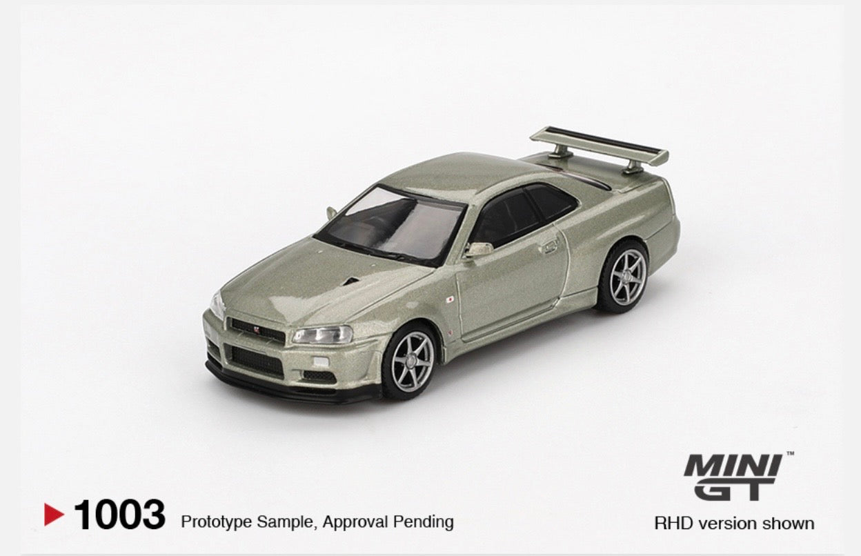 1:64 Nissan Skyline GT-R (R34) V-Spec II Nur Millenium Jade Mini GT 1003