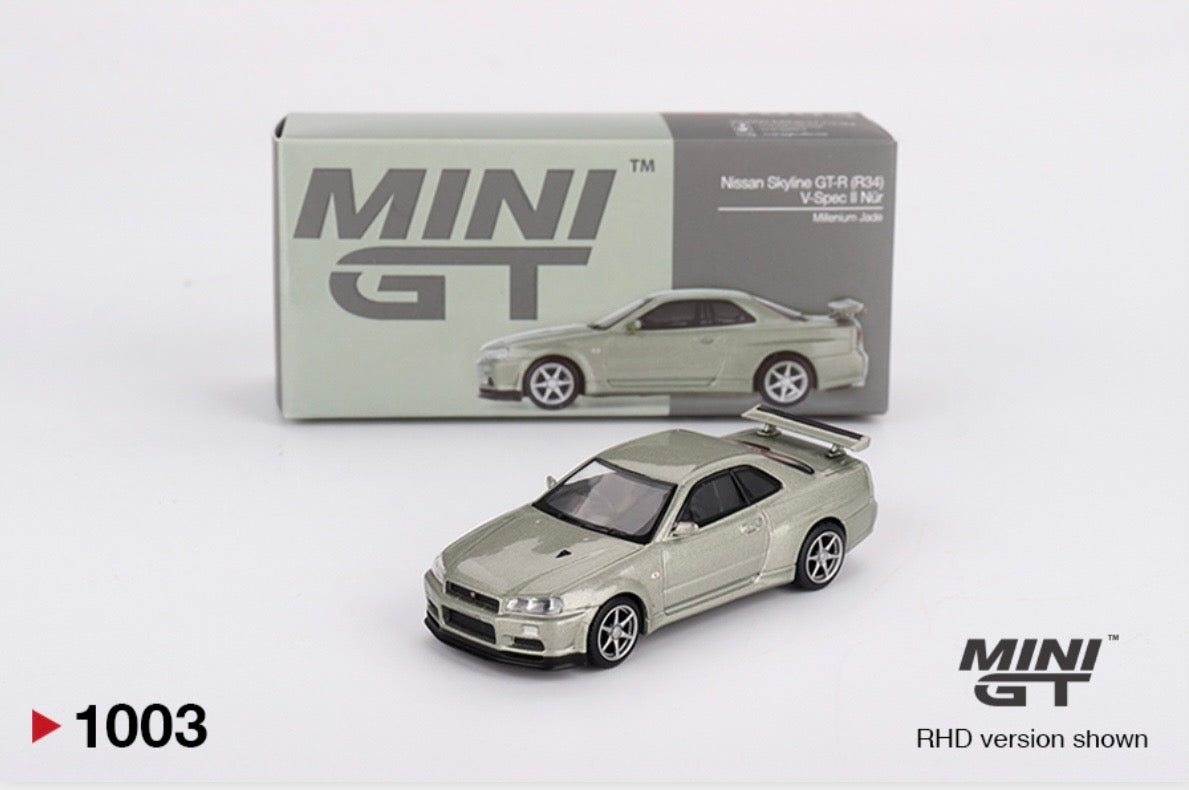 1:64 Nissan Skyline GT-R (R34) V-Spec II Nur Millenium Jade Mini GT 1003