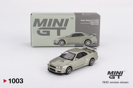 1:64 Nissan Skyline GT-R (R34) V-Spec II Nur Millenium Jade Mini GT 1003