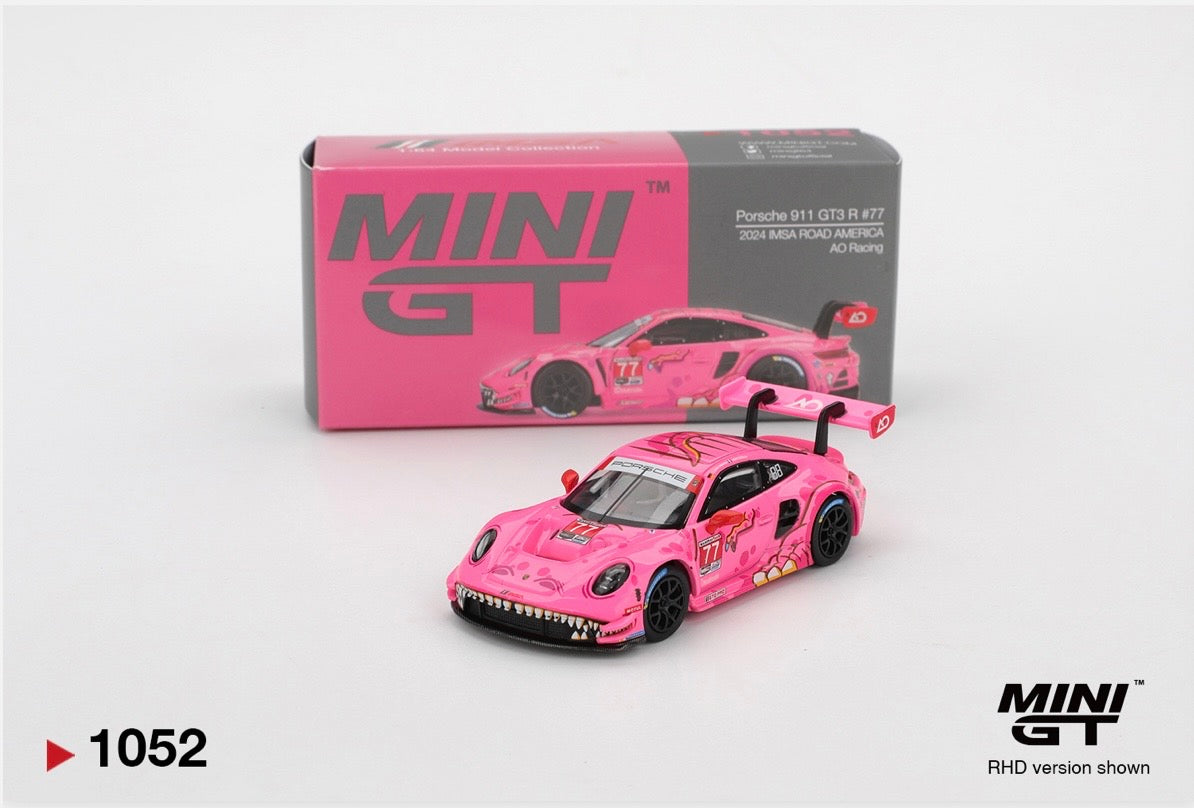 1:64 Porsche 911 GT3 R #77 2024 IMSA Road America AO Racing #1052 Mini GT