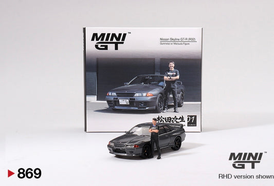 1:64 Nissan Skyline GT-R (R32) Gunmetal with Matsuda Figure Tsugio Matsuda Collection Mini GT 869