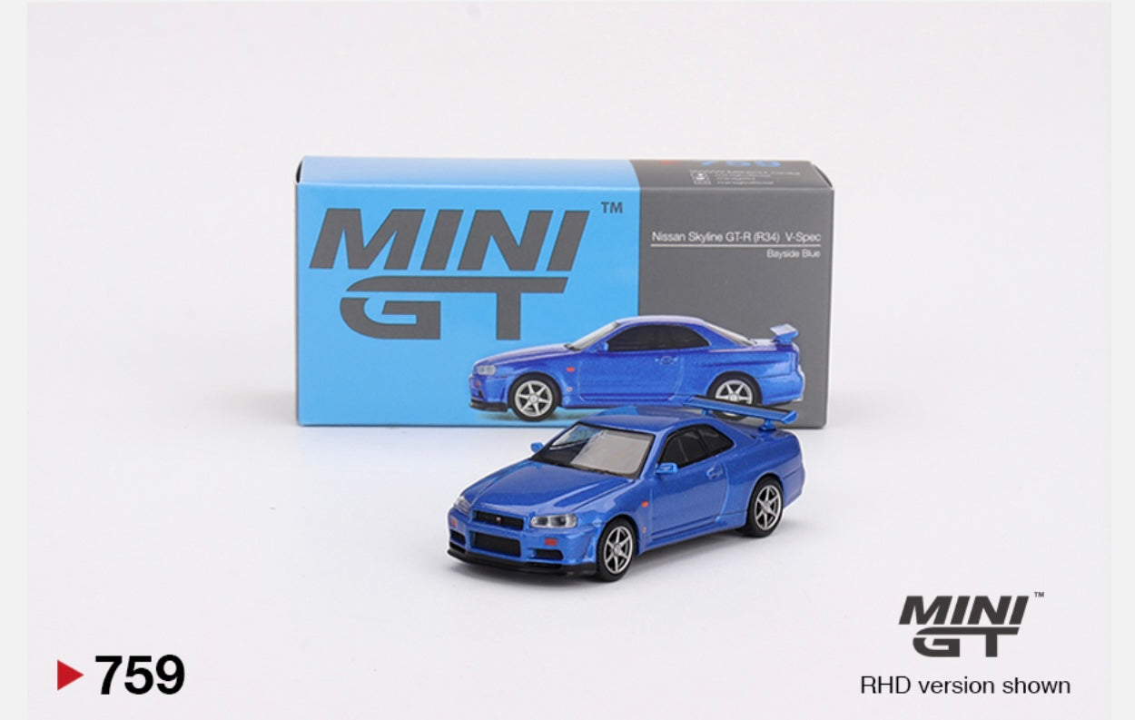 1:64 Nissan Skyline GT-R (R34) V-Spec Bayside Blue Mini GT 759