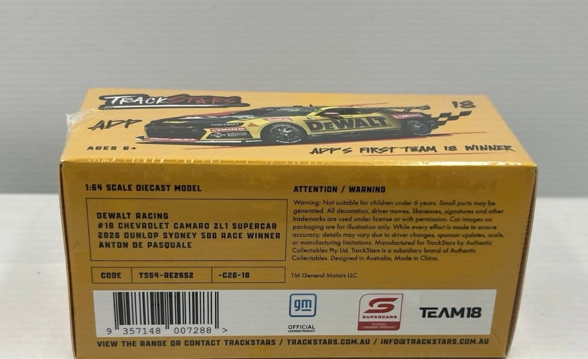 1:64 Anton De Pasquale #18 Dewalt Racing 2026 Dunlop Sydney 500 Race Winner Chevrolet Camaro Trackstars