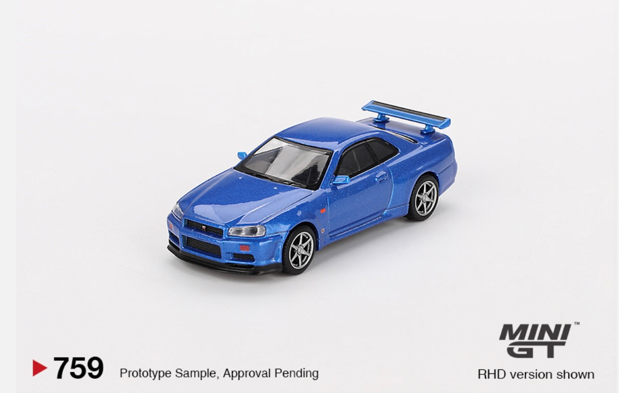 1:64 Nissan Skyline GT-R (R34) V-Spec Bayside Blue Mini GT 759