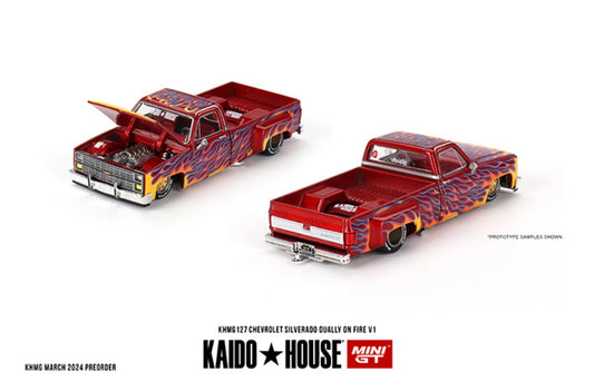 1:64 Chevrolet Silverado Dually on Fire V1 #127 Kaido House PRE-ORDER