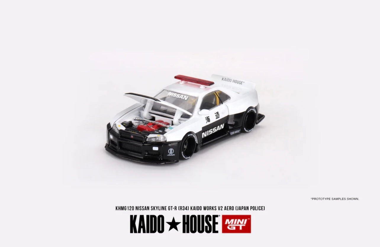 1:64 Nissan Skyline GT-R R34 Kaido Works (V2 Aero) Police #120 Kaido House Pre-Order