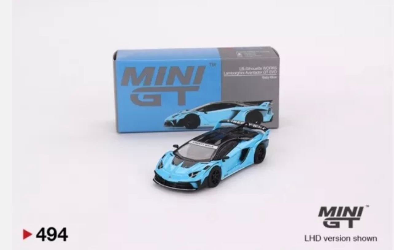 1:64 Lamborghini Aventador GT Evo LB Silhouette Works Baby Blue Mini GT 494